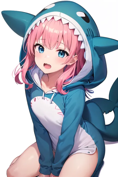 (1 girl:1.2),boyish, curly hair, pink Hair, medium Breasts, (shark kigurumi with comical design:1.4), ((kigurumi, glossy silhouette):1.3), white shark teeth on hood, ((shark teeth made of soft white fabric, shark dorsal fin):1.3), (pastel blue soft texture...