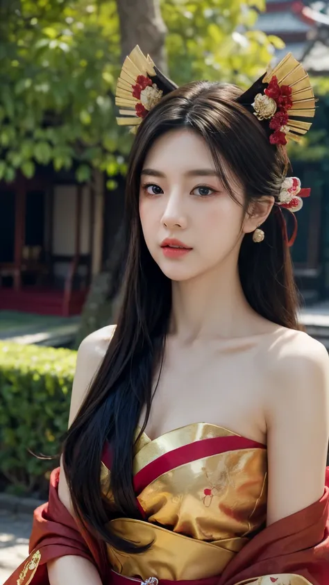 masterpiece, best quality, highly detailed, full-body, realistic, a beautiful woman, Asian female, wearing a traditional Japanese-inspired fantasy outfit, elaborate fox mask on her head, adorned with red and gold accents, long black hair with red highlight...