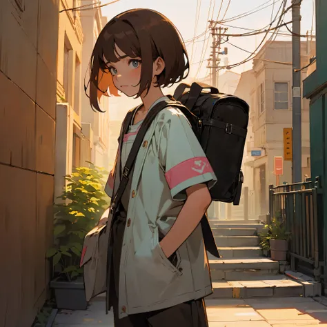 Illustrations for childrens picture books,realistic, detailed illustration,  A girl with brown hair and a short cut is walking with her eyes sadly downcast. She is listless. Shes walking with school bag on her back, her hands clenched around her shoulder s...