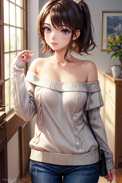 ((best quality)), ((masterpiece)), (detailed), 1girl, off-shoulder sweater, 