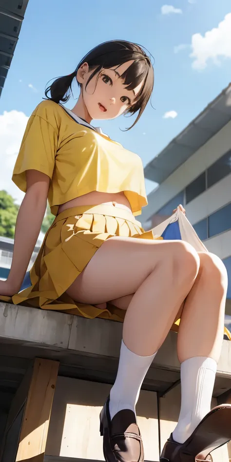 (Primary school students)Wearing loafers、Wearing white socks、Large breasts and exposed underboobs、Butt Emphasis、Angle looking up from below、(Primary school students女の子)(Wearing a yellow T-shirt.)Wearing a tight fitting belly short skirt、Red lace knitting(P...