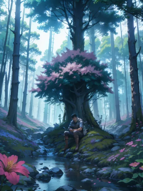 Guts of Berserk, sitting on the ground leaning against a tree, jaded, Expression of exhaustion, enjoying the forest landscape, with streams, beautiful sky, trees and flowers, 4K, cores dark