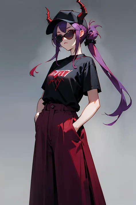 The devil has red horns, long purple hair tied up, wearing sunglasses, a cap, a black T-shirt, a long skirt, and hands in pockets. 