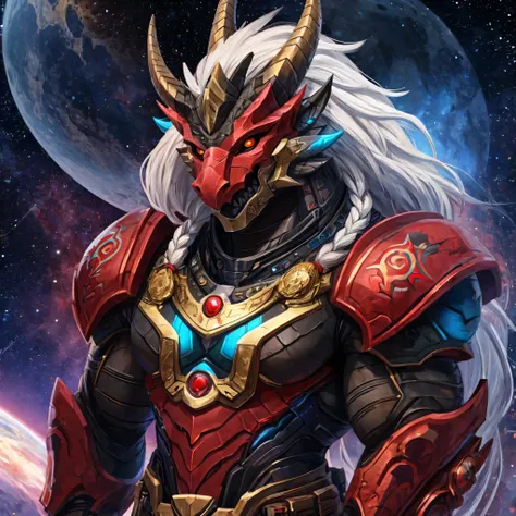 Anthro dragon with black scales, muscular body. orange eyes. long braided white hair. two horns. 11.5 ft tall. I am the Primarch of the dragonkin Astartes Legion named "Crimson Dragons" and am known as the "Bane of the Elves". I am wearing crimson Artifice...