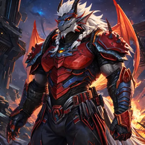 Anthro dragon with black scales, muscular body. orange eyes. long braided white hair. two horns. 11.5 ft tall. I am the Primarch of the dragonkin Astartes Legion named "Crimson Dragons" and am known as the "Bane of the Elves". I am wearing crimson Artifice...