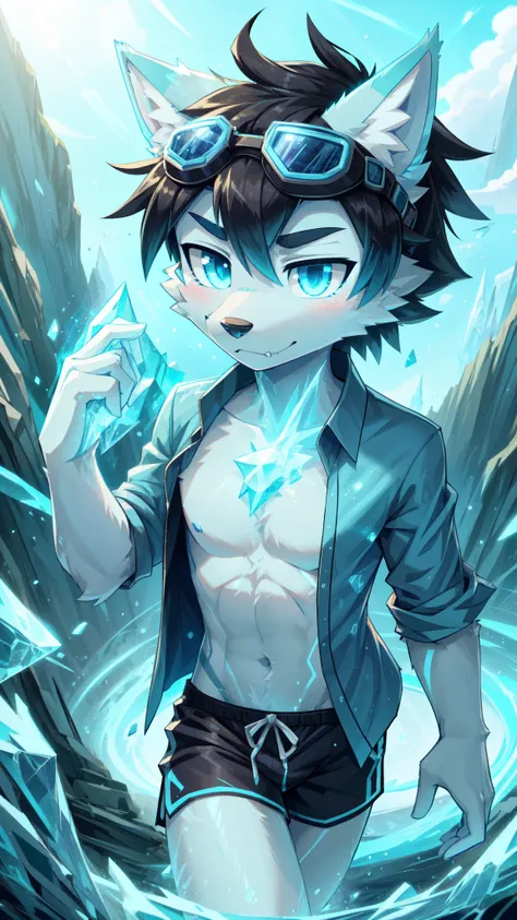 score_9,score_8_up,score_7_up, source_cartoon, source_furry, Furry shota, wolf, black hair, long spiky ponytail, blue eyes, detailed body fur, ((goggles, blue hawaiian shirt, open clothes, black swim trunks)), looking at another, fangs, clear grey body fur...