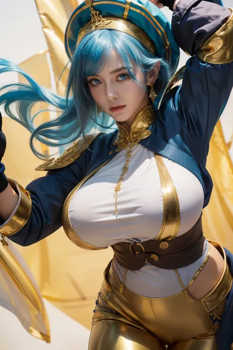 Woman, blue hair, blue eyes, big breasts, cloth on head, brown gloves, gold pants 