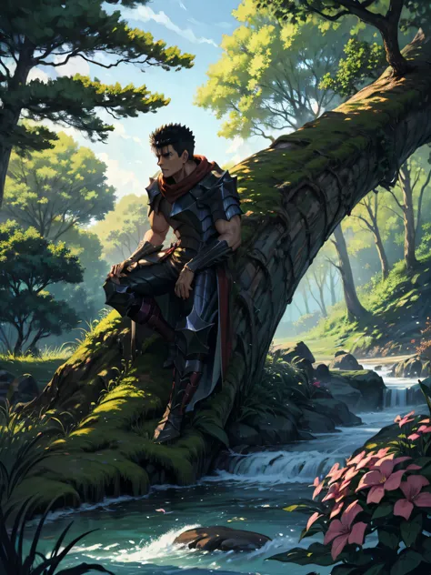 Guts of Berserk, sitting on the ground with his back resting against a tree trunk , Sua espada "Dragon slayer" leaning on your side, jaded, Expression of exhaustion, enjoying the forest landscape, with streams, beautiful sky, trees and flowers, 4K, cores d...