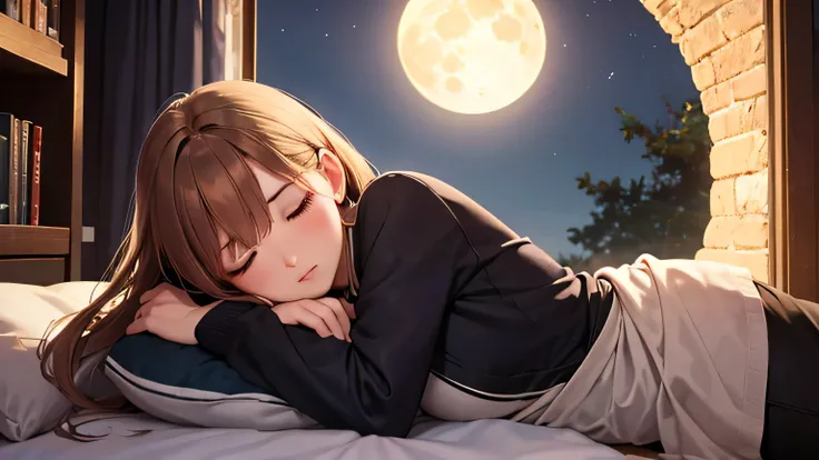 A sleeping girl, cat sleeping beside her, beautiful full moon visible through window, girl looking at the moon, serene night, (best quality,4k,8k,highres,masterpiece:1.2),ultra-detailed,(realistic,photorealistic,photo-realistic:1.37),beautiful detailed eye...