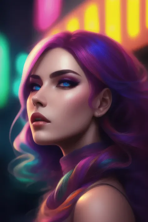 colorful, neon, beautiful sweet girl, lush long fluffy hair, beautiful detailed face, Best quality, extremely detailed, colorful, neon, Science fiction, cinematic, colorful background, conceptual art, dramatic lighting, high detail, very detailed, hyper re...