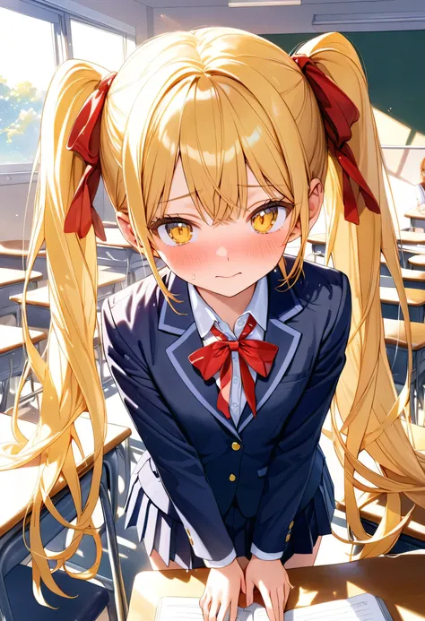 (SuperQuality:1.0) ~ (SuperQuality:1.2), ((yellow twintails)), ((yellow eyes)), (blushing face), embarrassed expression, long straight hair, twintail hairstyle, school uniform, white blouse, navy blue blazer, pleated skirt, red ribbon, slender figure, deli...