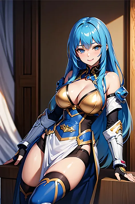 bikini armor,sexy pose,(highest quality:1.5), unreal engine, very detailed, 1 female,big breasts, waist, thin, (muscular:0.8) ,blue hair,long hair,gold eyes , (cleavage,: 0.8) round chest, big breasts,in the bedroom,smile