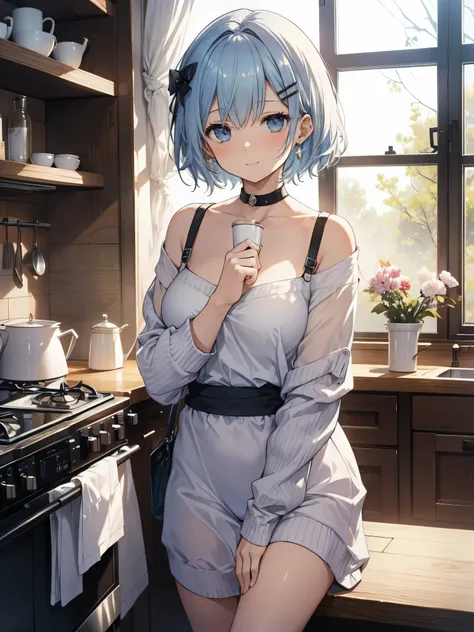 ((masterpiece))、((Highest quality))、photograph、reality、High resolution、Very detailed、Married women、30-year-old woman、Delicate features、Light blue short hair、Realistic background and accessories、Sexy smile、kitchen、Drinking coffee、expensive、（（A sexy short sw...