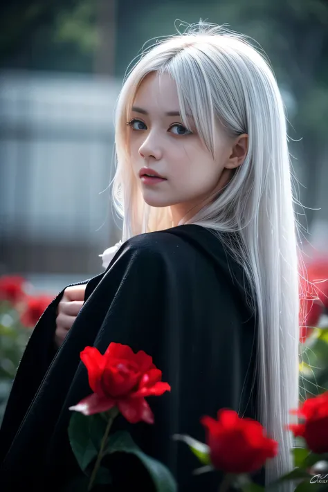 1girl,solo,1girl,solo,((beautiful detailed eyes)), (detailed light),depth of field,(white hair),silver eyes,hair over one eye,(red flower ), hair flower,long hair,black cloak,wet,emotionless,looking back,night,starfall,raining,fog,red flowers falling,sketc...