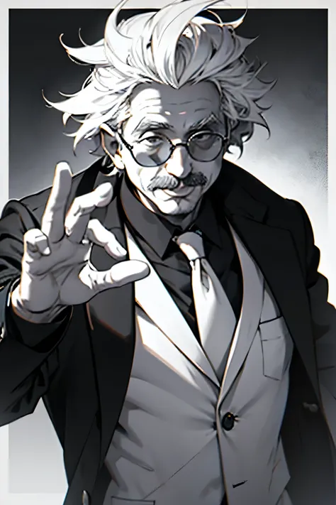 A photo einstein in lab coat with sunglases sticking his tongue out black and white colors -S 500