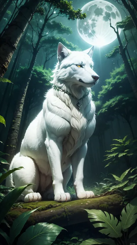 A Jungle,,a big white wolf with green eyes,a full moon,a deep forest,and a mysterious image. Its night but its bright