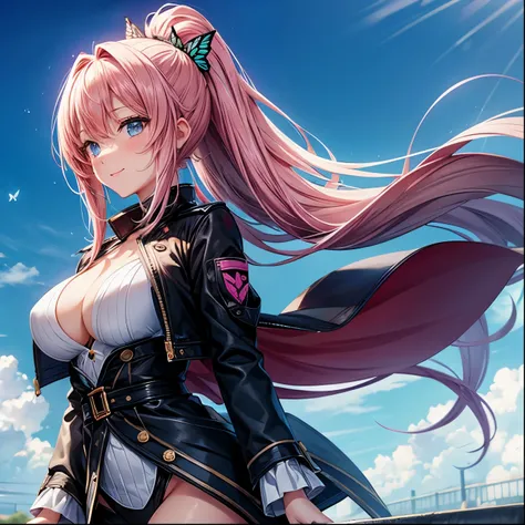 Highest quality,sauce_anime,ponytail, Highest quality,Pink Hair, Light blue eyes,A big smile,Ample breasts,On the river,Light hitting the eyes,Highest quality,((Beautiful black butterfly coat)),Glowing Skin,Perfect Anatomy,butterflies dance,Athletic build