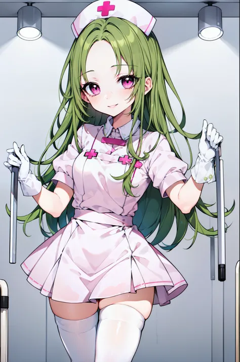 1woman, solo, nurse, white nurse cap, white nurse uniform, ((white legwear, zettai ryouiki)), white gloves, forehead, long hair, green hair, pink eyes, pink lips, smile, standing, ((hospital room)), sharp outline, short sleeves, mature female, 35yo, best q...