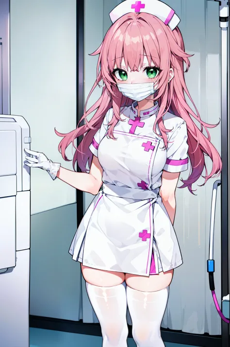 1woman, solo, nurse, white nurse cap, white nurse uniform, ((white legwear, zettai ryouiki)), white gloves, pink hair, green eyes, drooping eyes, ((white surgical mask, covered nose)), standing, ((hospital room)), sharp outline, short sleeves, mature femal...