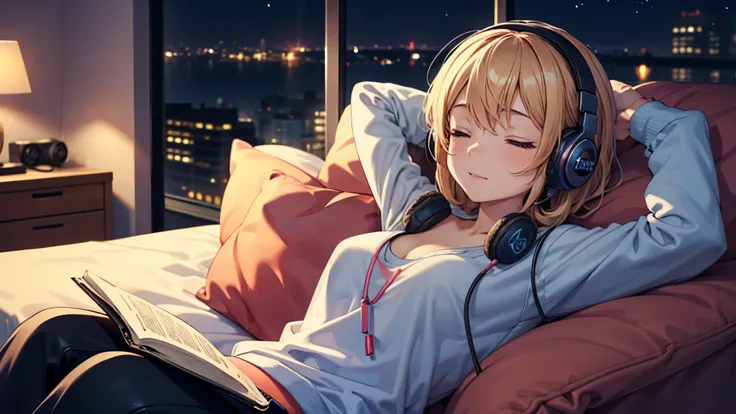 Girl with headphones enjoying music in a home I am studying Emphasize a little bit of the big chest Look this way and close your eyes. Night Background