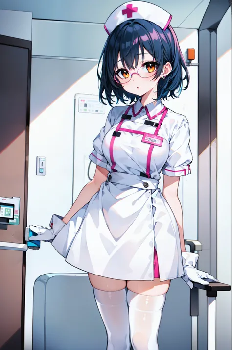 1woman, solo, nurse, white nurse cap, white nurse uniform, ((white legwear, zettai ryouiki)), white gloves, glasses, blue hair, orange eyes, pink lips, no impression, standing, ((hospital room)), sharp outline, short sleeves, mature female, 35yo, best qual...