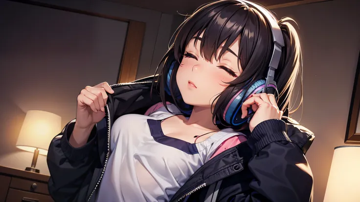 Girl with headphones enjoying music in a home I am studying Emphasize a little bit of the big chest Look this way and close your eyes. Night Background