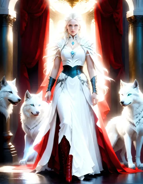 fantasy art, RPG art, ultra wide shot, RAW, photorealistic, a picture of woman and her (white: 1.4) wolf pet, the woman, an exquisite beautiful human woman, long blond hair, braided hair, green eyes, wearing elegant silk dress, intricate dress, wearing (...