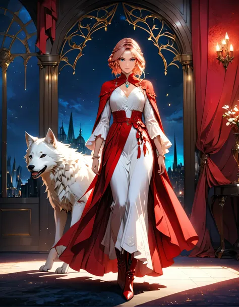 fantasy art, rpg art, ultra wide shot, raw, photorealistic, a picture of woman and her (white: 1.4) wolf pet, the woman,  an exq...