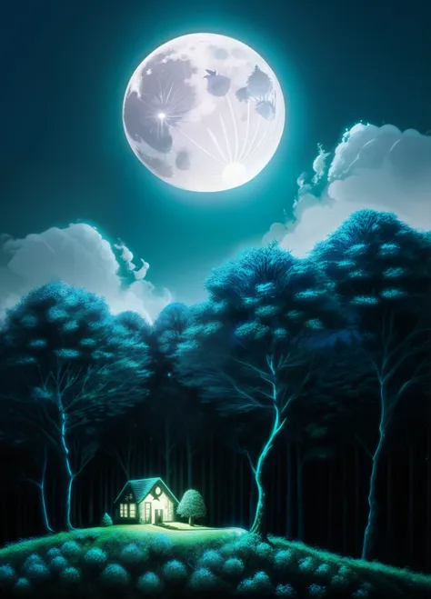 enchanted forest, the full moon rises from behind the hills, the bunnies and hedgehogs sit and watch the moon