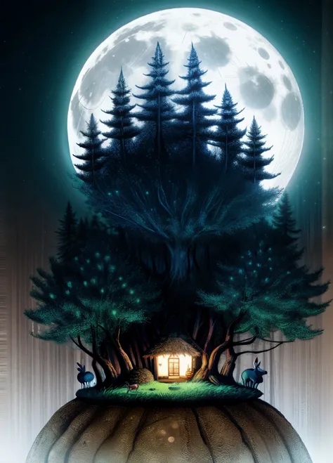 enchanted forest, the full moon rises from behind the hills, the bunnies and hedgehogs sit and watch the moon