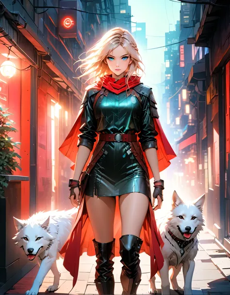 fantasy art, RPG art, ultra wide shot, RAW, photorealistic, a picture of female human ranger and her (white: 1.4) wolf pet, the ranger, an exquisite beautiful human woman, long blond hair, braided hair, green eyes, wearing leather dress, wearing (red cloak...