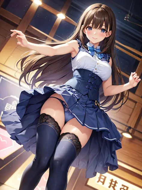 8k , masterpiece,best quality,ultra detailed, 1 female, blush, smile , Cute girl anime visuals, Beautiful Anime Girls, Smooth anime CG art, Official artwork, Fascinating anime , corset dress, Sleeveless, Layered mini skirt, Knee-high , Raise your arms , Sh...