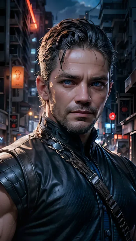 d_Clark, a strong young man, 20 year, natural blue eyes, military style hair, malicious smile, standing, vestindo uniforme de doctor Strange, face detailed, scene of a night alley, buildings with neon lights, digital art high quality, work of art, hyperrea...