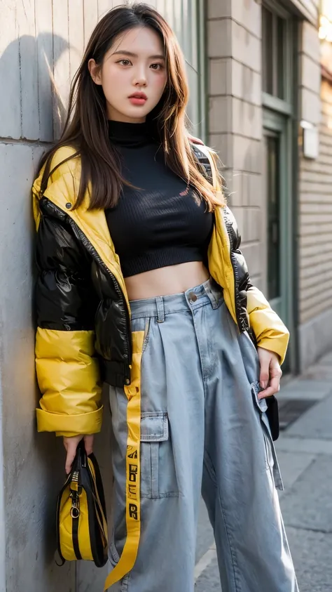 masterpiece, best quality, highly detailed, a young woman, cleavage, stand pose on a gray wall background. She wears yellow shinny puffer jacket and high-waisted black cargo pants adorned with various pockets and straps. Over her outfit, she has a bright y...