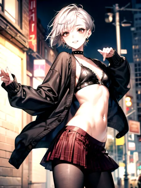 (masterpiece, highest quality, extremely detailed CG), perfect pixel, one girl, cute, perfect body, anatomically correct, beautiful eyelashes,
20 years old, ((adult women)), (clear makeup:1.3), cherry pink lip, ((ash gray hair)), (punkish very short hai...
