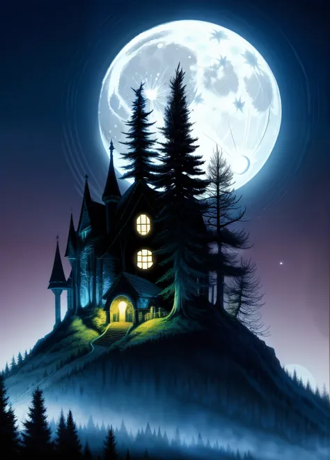 enchanted forest, the full moon rises from behind the hills, moon  night sky