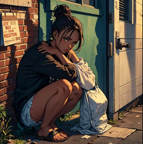 homeless girl, medium dark skin, (full lips: 1.2), long dark hair in messy bun, crouched in alley corner