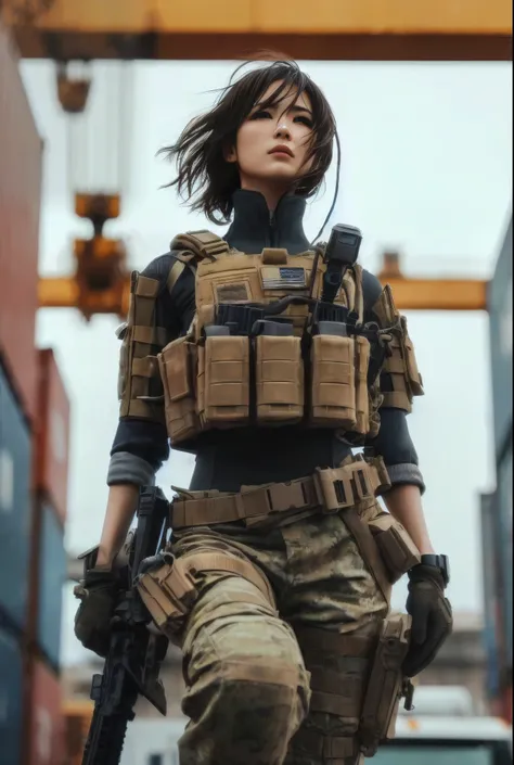 ８K、Realistic photos、Realistic skin texture、US Navy　A Japanese woman who is a member of the Navy SEALs is in a container yard、Accurate and fully equipped、Desperate look、Dramatic and delicate composition like a movie、Full Body Shot、A scene from a movie、Stand...