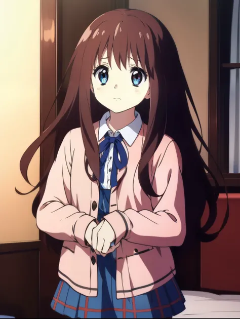 Ai shindou, 1girl, solo, long hair, floating hair, blue skirt, blue uniform, brown hair,  long sleeves, blue sea eyes, plaid, cover face with hands, sad, plaid skirt, ribbon, cowboy Shot,
home in the room,
masterpiece, high quality, very_high_resolution, l...