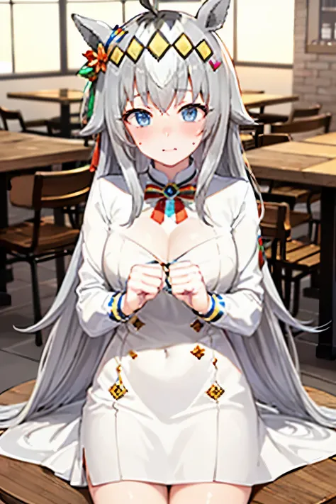 NSFW,Fiami、1 girl、Long Hair、solo、hair ornaments、アホ毛、silver hair、blue eyes、hair ornaments,Mini dress,Off the shoulder,Embarrassed,blush,(Perfect hands),(Perfect Anatomy),(masterpiece),(highest quality),Coffee shop,table,ウマ娘,{{cleavage cutout}}