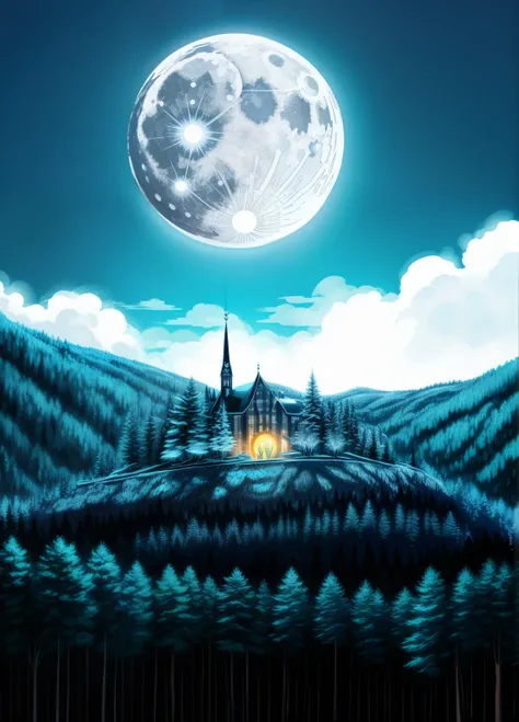 enchanted forest, the full moon rises from behind the hills, moon  night sky