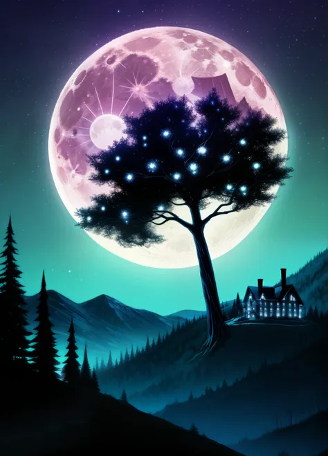 enchanted forest, the full moon rises from behind the hills, moon  night sky