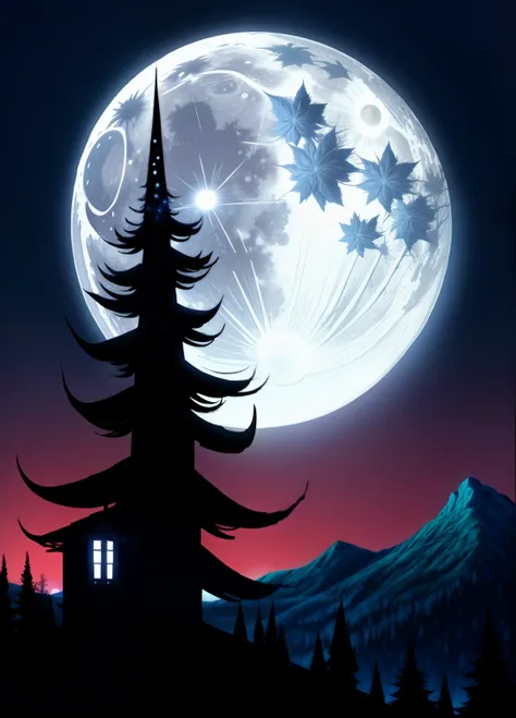 enchanted forest, the full moon rises from behind the hills, moon  night sky