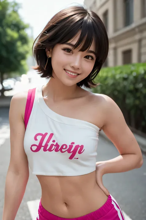 80s-style sporty and risqué one-shoulder tank top, short bob, embarrassed smile　highteen