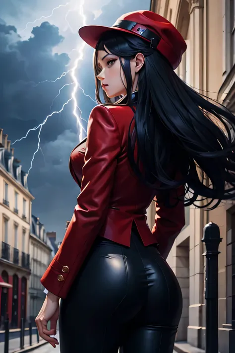 (realisitic:0.2), anime illustration, 1 girl,, red tailcoat, big red hat, in Paris France, SFW, black pants, black office shirt,, Carmen healthcare,, blue sky,, long hair,, dramatic lightning, lights, epic lights, light on the face, back-illuminated, Facia...