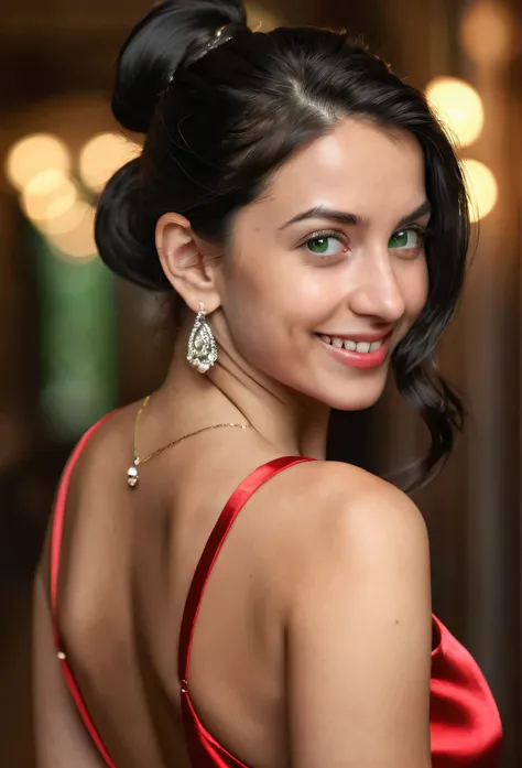 a beautiful young Spanish woman with black hair, ponytail, wearing a shiny red satin sheath dress with spaghettistraps, necklace, look over the shoulder back into the camera, Wait for it, to be kissed, happy smiling facial expression, perfect green eyes, e...