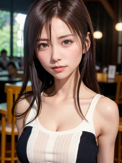 natta, Raw photography, (((Very beautiful portrait))), ((glistning skin)), 1girl in, Sexy 2 girl, Cafe Clerk、((Sauvages natural brown hair)), Gentle smile staring at the camera, ((​masterpiece, top-quality, ultra-detailliert, ciinematic light, intricate de...