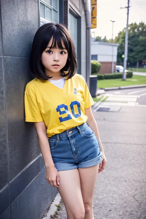 Elementary school in the 70s,Beautiful girl dressed as a boy from the 70s.,She is cute and pretty like an idol...,She is pure and innocent.,She is wearing a rugby shirt。,extremely short denim shorts,Beautifully hemmed denim shorts,High socks and sneakers.S...