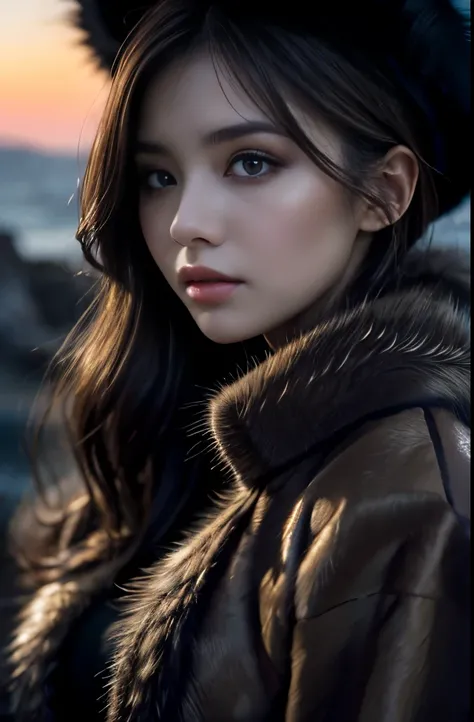 where (Sharp focus:1.2), photograph, Attractive Young Woman, (Beautiful Face:1.1), Detailed eyes, Seductive lips, (Smokey Eye Makeup:0.85), wear (Fur coat:1.2) To (Cliff Side:1.2). (Gloomy lighting:1.2), Depth of written boundary, Bokeh, 4K, High resolutio...