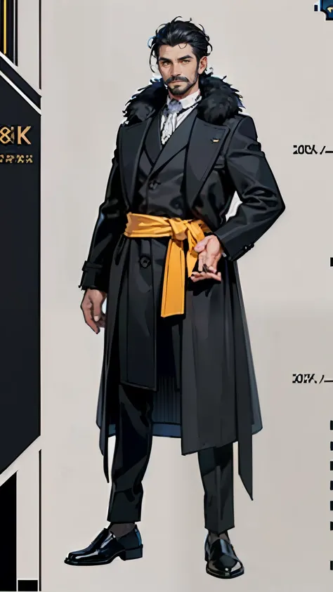 ((masterpiece,best quality,8k,highres)),((character concept art)), 1 male, Godfather, Pastor, 185cm height, big back hairstyle, (black hair colour), ultra finely detailed eyes,(yellow eye colours), extraordinary charming, smirk smile, (moustache), perfect ...